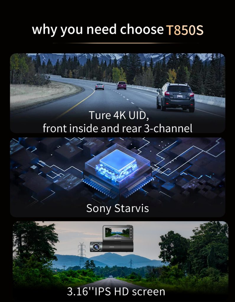 3ch dash cam 4k+1080p+2k with sony starvis senso t850sh
